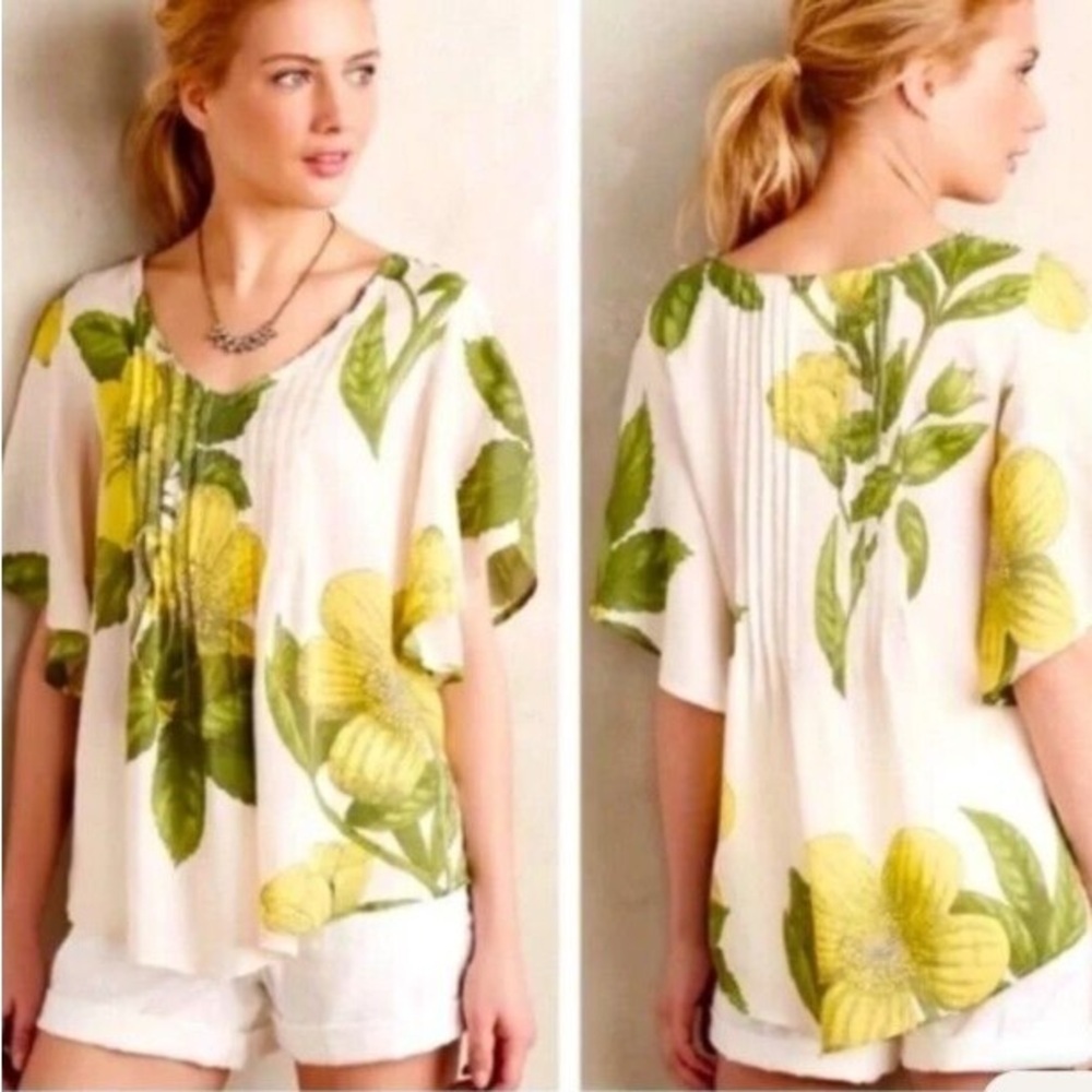 Anthropologie Maeve Maya Cream Yellow Oversized Floral Pintuck Blouse Size 6